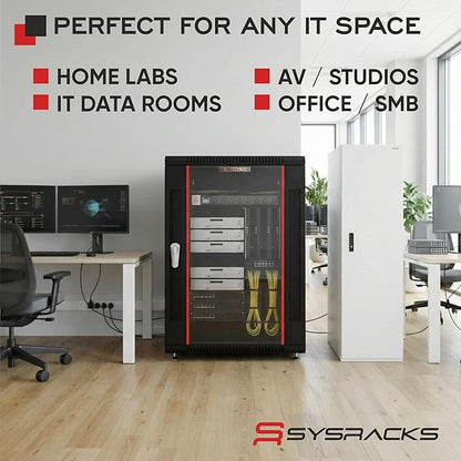 Sysracks 18U Wall Mount Server Rack Cabinet, 19” Locking Network Rack, 24” Deep, Glass Door, with Fan, PDU and Shelf