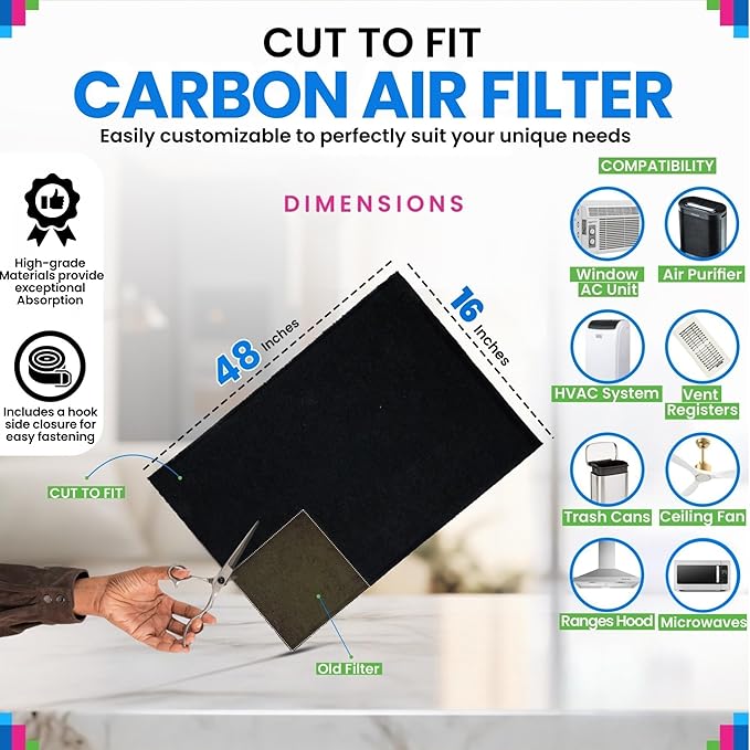 Cut to Fit Activated Carbon Filter Sheet 16” x 48” - Activated Carbon Air Filter for Air Purifiers Window AC Air Vent And More - Charcoal Filters Remove Odors & Freshens the Air (2-Pack)