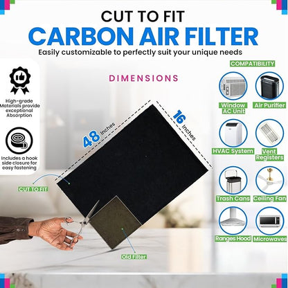 Cut to Fit Activated Carbon Filter Sheet 16” x 48” - Activated Carbon Air Filter for Air Purifiers Window AC Air Vent And More - Charcoal Filters Remove Odors & Freshens the Air (2-Pack)
