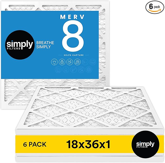 Simply 18x36x1 Air Filter, Merv 8, 6 Pack, For Home AC Furnace & HVAC (Actual Size: 17.75"x35.75"x0.75") DUST, Pet, & Allergy Control