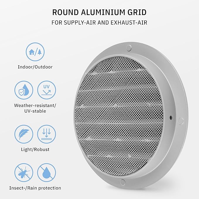 calimaero® WSGG 5" Inch Gray Round Metal Air Vent Grill Cover Flat Louver with Fly Screen Fits Only with Metal Ducts