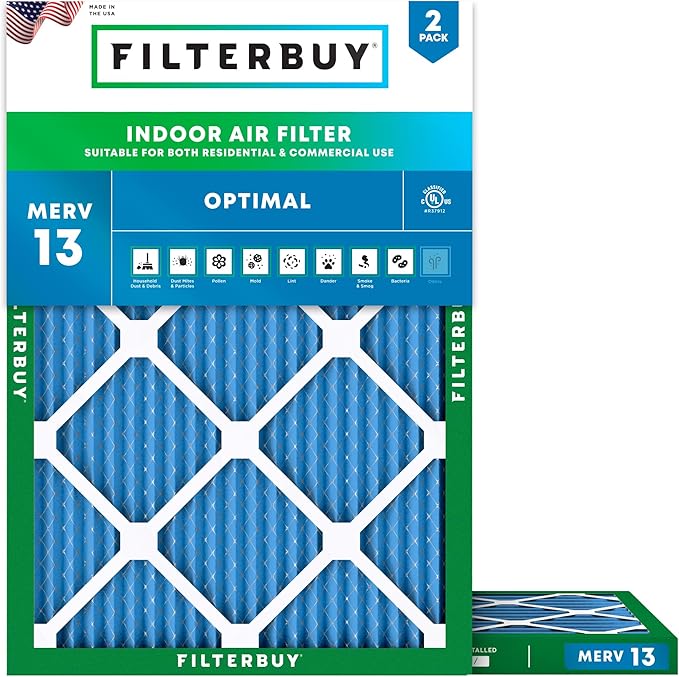 Filterbuy 10x14x1 Air Filter MERV 13 Optimal Smoke & Allergy Defense (2-Pack), Electrostatic Pleated HVAC AC Furnace Filters Replacement, Made in USA (Actual Size: 9.50 x 13.50 x 0.75)