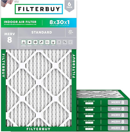 Filterbuy 8x30x1 Air Filter MERV 8 Essential Dust & Allergy Defense (6-Pack), Electrostatic Pleated HVAC AC Furnace Filters Replacement, Made in USA (Actual Size: 7.50 x 29.50 x 0.75)
