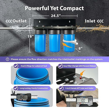 iSpring Anti-Scale Whole House Water Filter System, Reduces up to 99% Chlorine, Odor, and Sediments, 3-Stage Water Descaler and Water Filter, 1" Inlet/Outlet, Model: WGB31B-DS