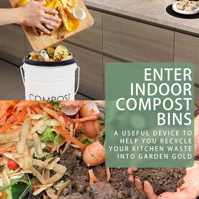 Vipush Compost Bin Kitchen Countertop Compost Bin with lid – Small Compost Bin Includes Inner Compost Bucket Liner & 3 Charcoal Filters, White