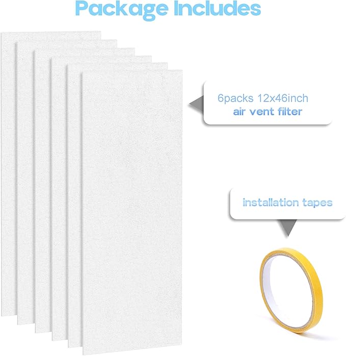 6 Packs Air Vent Filter 12x46inch Electrostatic Filter Media with Adhesive Tape for Air Vent, Air Conditioner, HVAC, Registers and Grilles, totall 12x276inch