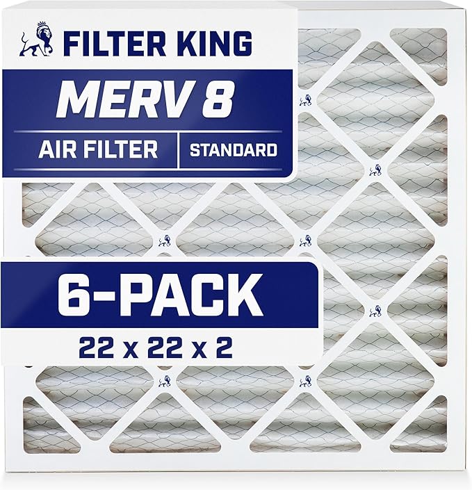 Filter King 22x22x2 Air Filter | 6-PACK | MERV 8 HVAC Pleated A/C Furnace Filters | MADE IN USA | Actual Size: 21.88 x 21.88 x 1.75"