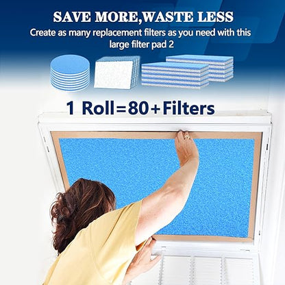 MERV 8 Air Vent Filters, 20" x 100"Cut to Fit Air Filter Material (80+ Filters),Electrostatic Triple Vent Filter for Floor, Ceiling, HVAC Furnace Vents, Includes 48 Adhesive Hook Tape