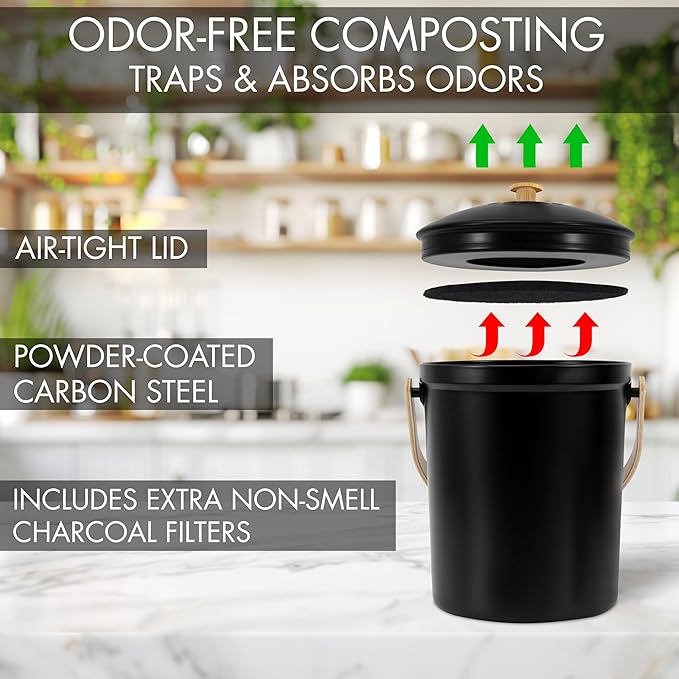 Beautiful Kitchen Compost Bin with Smell Proof Lid - Rust Proof and Odorless Compost Bucket for Your Countertop with No Smell Filters - Easy to Clean 1.1 Gallon Bin Looks Great On Any Kitchen Counter