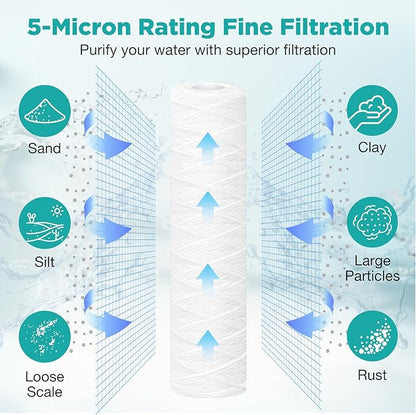 SimPure 5 Micron 10" x 2.5" String Wound Whole House Water Filter Cartridge for Well Water, Sediment Filter Replacement for Housing DB1025 AP110 (4 Pack)