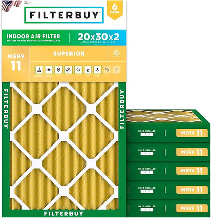 Filterbuy 20x30x2 Air Filter MERV 11 Superior Pet & Allergy Defense (6-Pack), Electrostatic Pleated HVAC AC Furnace Filters Replacement, Made in USA (Actual Size: 19.75 x 29.75 x 1.75)