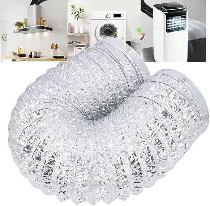 Aluminum Foil Ducting and PVC Dryer Vent Hose with 7 Inch Diameter and 6.56 Foot Length, Flexible HVAC Ventilation Duct with Spiral Steel Wire Support for Kitchens and Greenhouses