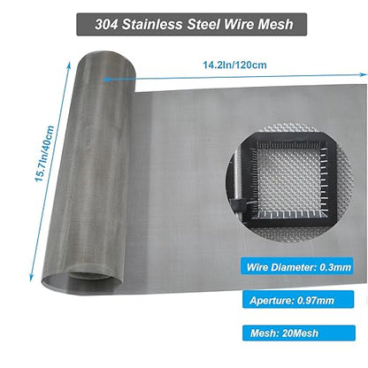 Stainless Steel Mesh Screen, 20Mesh, 15.7"x47.2" (40x120cm), Woven Fine Wire Mesh, Easy to Cut for Air Vent, Cage, Garden, Window Screen and DIY Projects