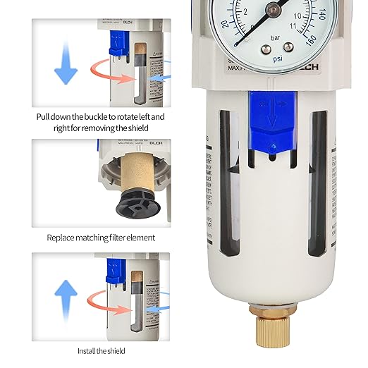 BLCH 3/8" NPT Air Dryer - Air Pressure Regulator, Air Compressor Filter AW3000-03 Semi-Auto Drain Poly Bowl Gauge 0-160 PSI 5μm Brass