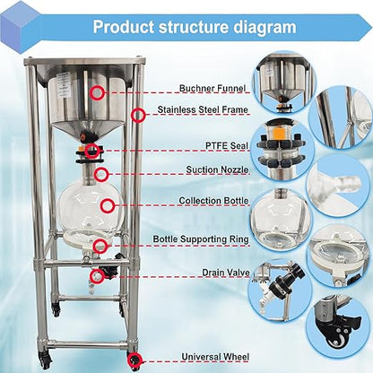 10L Vacuum Filtration System, Negative Pressure Suction Filter with Stainless Steel Buchner Funnel & Glass Filter Flask, Discharge Valve & Brake Casters, for Lab Chemical Industrial Use