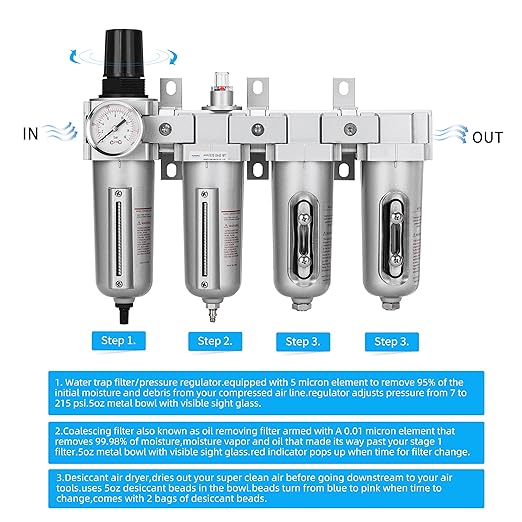 NANPU 1/2" NPT Industrial Grade 4 Stage Air Drying System - Particulate Filter, Coalescing Filter, Double Desiccant Dryers & Air Regulator, Metal Bowl, Auto Drain, for Paint Spray＆ Plasma Cutter