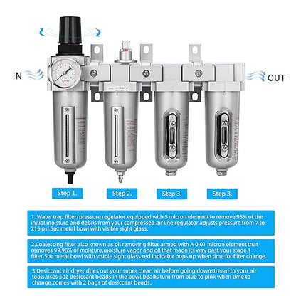NANPU 1/2" NPT Industrial Grade 4 Stage Air Drying System - Particulate Filter, Coalescing Filter, Double Desiccant Dryers & Air Regulator, Metal Bowl, Auto Drain, for Paint Spray＆ Plasma Cutter
