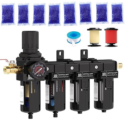 NEWPO 3/8" NPT 4 Stage Air Drying System,Particulate Filter, Coalescing Filter,Double Desiccant Dryers & Air Regulator,Semi-Auto Drain (Black)