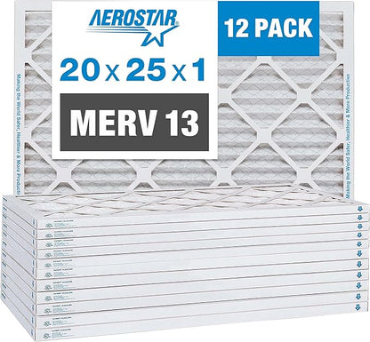 Aerostar 20x25x1 MERV 13 Pleated Air Filter, AC Furnace Air Filter, 12 Pack (Actual Size: 19 3/4" x 24 3/4" x 3/4")