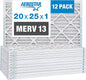 Aerostar 20x25x1 MERV 13 Pleated Air Filter, AC Furnace Air Filter, 12 Pack (Actual Size: 19 3/4" x 24 3/4" x 3/4")