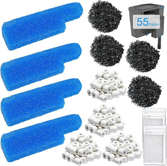 4 Set Aquarium Media Maintenance Kit, Replacement for Seachem Tide 55-Gallon Filter — Includes 4 Blue Sponges, 4 Bags of Activated Carbon, 4 Ceramic Rings, and 4 Mesh Bags.