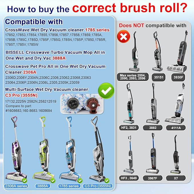 Lemige 3 Pack Multi-Surface Brush Roll 1868 + 3 Pack Vacuum Filter 1866 for Bissell CrossWave Cleaner 2306A 1785A 3888A, Compare to Part # 1608683, 160-8683, 1608684 (3 Brush Rolls + 3 Filters)