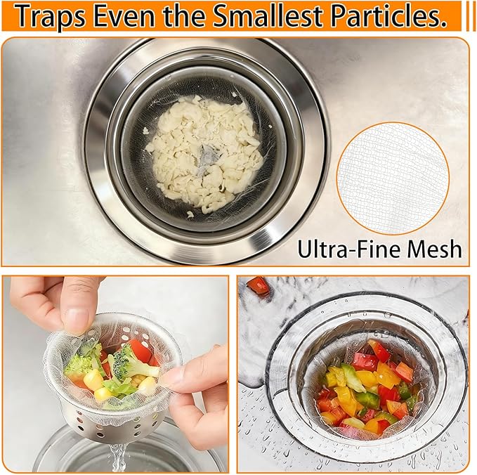 400 Pack Disposable Sink Strainer Bags – Ultra-Fine Elastic Mesh Food Catcher for Kitchen Drains, Anti-Clog Filter Nets for Leftovers, Hair & Debris, Universal Fit for Sink Strainers