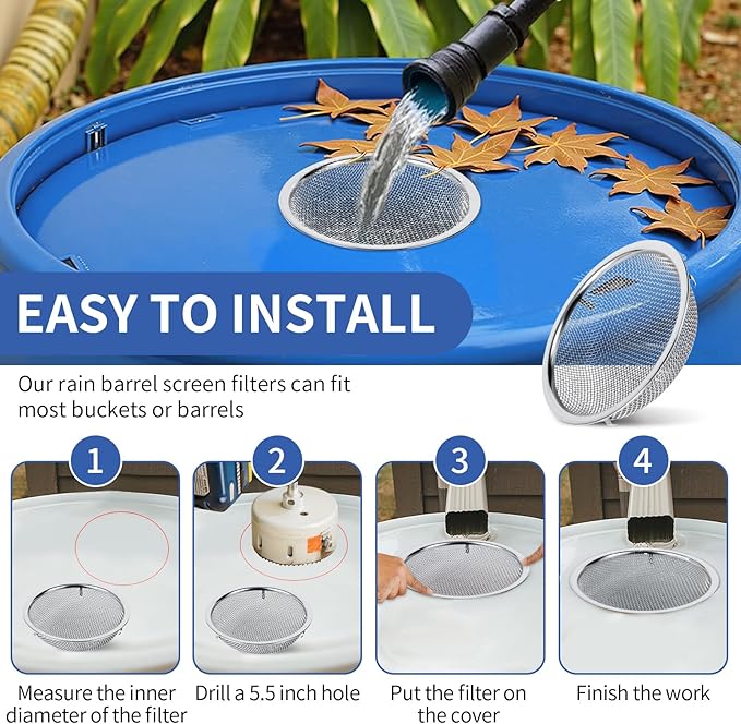 6" Rain Barrel Screen Filter for Rain Barrels, Premium 304 Stainless Steel Barrel Filter, Long-Lasting Durability -Kitchen Wash Colander -Soil Sifter, for Keep Mosquitos&Debris Outside, Fruit Draining