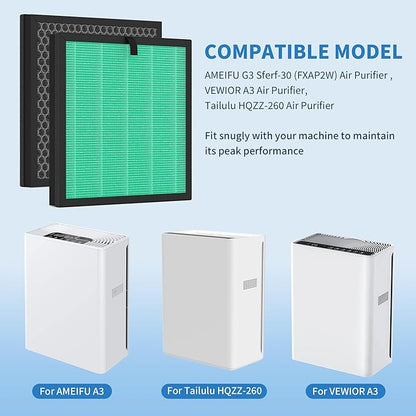2 Packs G3 Replacement Filter Compatible with Ameifu G3 Vewior A3 Tailulu HQZZ-260 Air Purifi-er, 3-in-1 Filter of Premium Filter and Activated Carbon Filter,Green