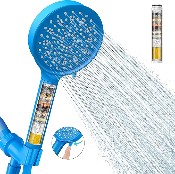 Cobbe Filtered Shower Head with Handheld, High Pressure 6 Spray Mode Showerhead with Filters, Water Softener Filters Beads for Hard Water - Remove Chlorine - Reduces Dry Itchy Skin, Blue