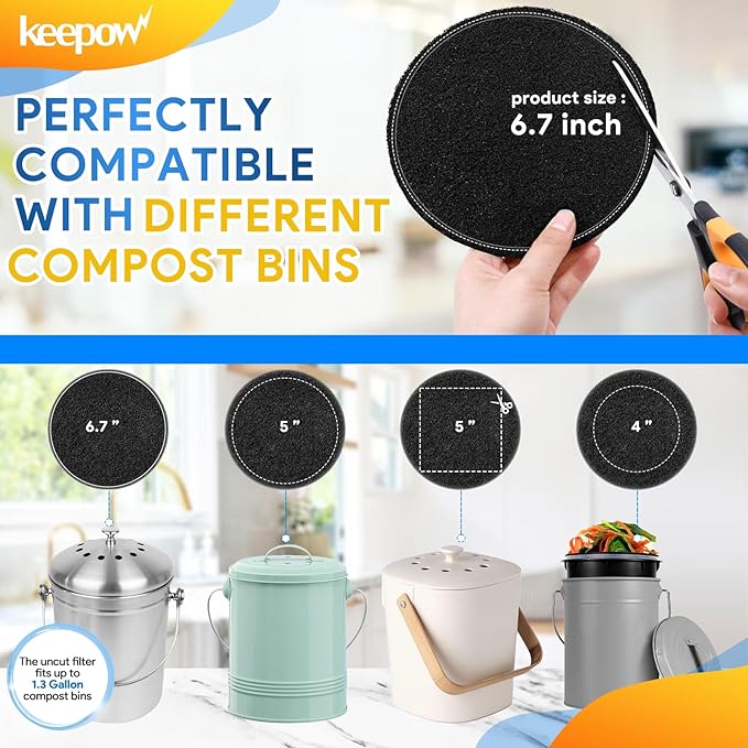 KEEPOW 10 Pack 6.75" Compost Bin Filter Replacement for Kitchen Compost Bin Countertop, Charcoal Filters for Compost Bucket, Activated Carbon Filter for Compost Pail Counter Refill Sets (Round)