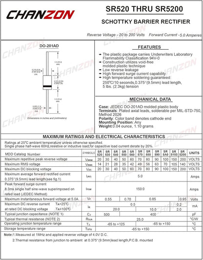 Chanzon SR560 (SB560) Schottky Barrier Rectifier Diodes 5A 60V DO-201AD (DO-27) Axial 5 Amp 60 Volt (Pack of 20 Pieces)