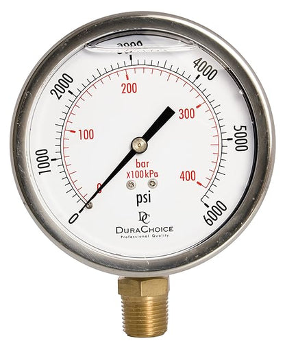 4" Oil Filled Pressure Gauge - Stainless Steel Case, Brass, 1/2" NPT, Lower Mount Connection, 0-6,000PSI