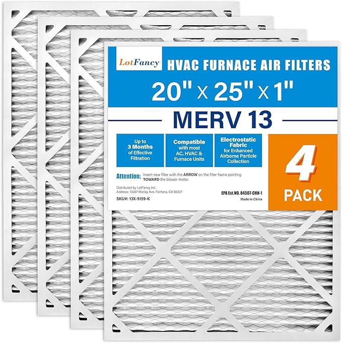LotFancy 20x25x1 Air Filter MERV 13 4-Pack, Electrostatic Pleated HVAC Furnace Air Filter, Captures Pet Dander Smog Smoke, Actual Size: 19.75"x23.75"x0.75"