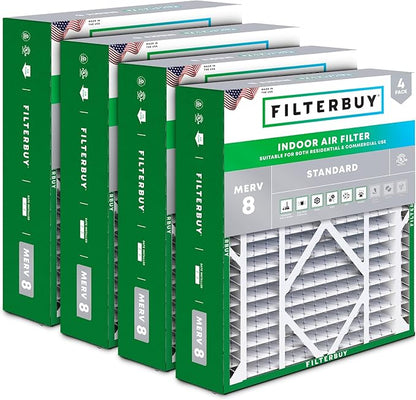 Filterbuy 21x24.5x5 Air Filter MERV 8 Essential Dust & Allergy Defense (4-Pack), Electrostatic Pleated HVAC AC Furnace Filters for Rheem, Ruud, and Protech (Actual Size: 20.63 x 24.13 x 4.38)