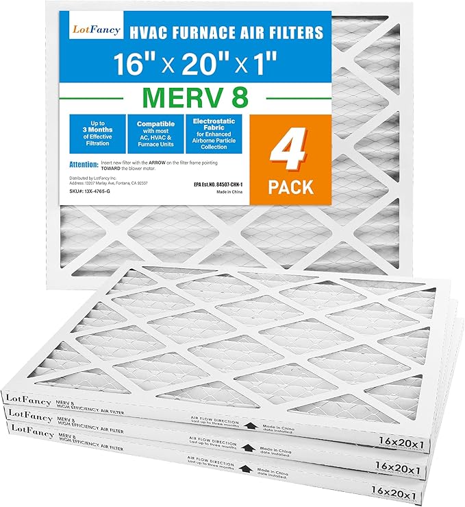 LotFancy 16x20x1 Air Filter MERV 8 4-Pack, Electrostatic Pleated Furnace & AC Filter, Captures Dust, Pet Hair, Pollen, Actual Size: 15.75"x19.75"x0.75