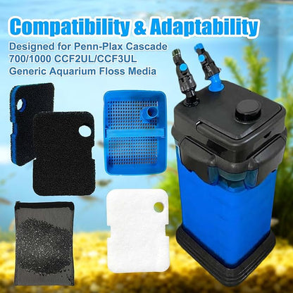 10PCS Replacement Filter Kit for Cascade 700/1000 CCF2UL/CCF3UL Aquarium Floss Media, 2 Upgraded Carbon-Coarse-Activated Carbon Filter Pads, 6 White Floss, 2 Activated Carbon Bags