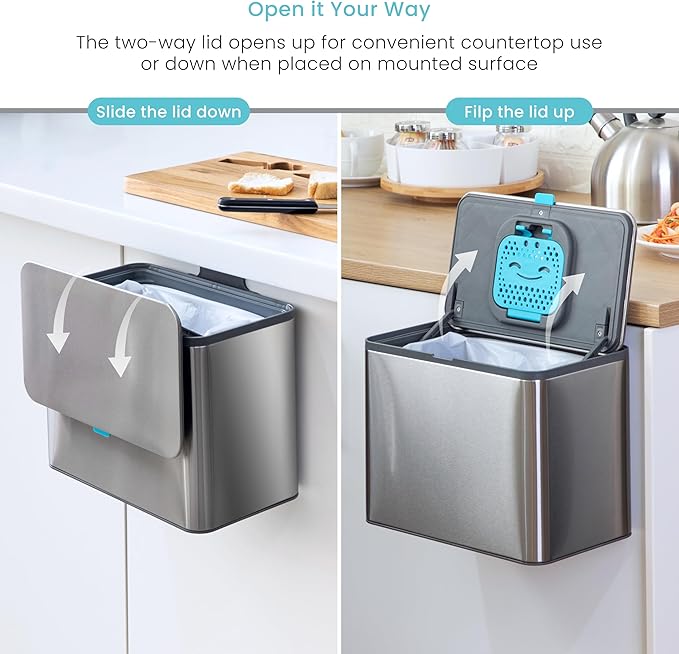 Home Zone Living Kitchen Compost Bin with CleanAura, Stainless Steel, Small and Compact Design, Includes Placement Attachments, 5 Liter Capacity, Silver