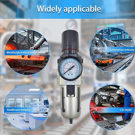 HengMinLingTong 1/2" NPT Compressed Air Filter Regulator Combo Piggyback, 5 Micron Brass Element, Poly Bowl, Auto Drain, Metal Bracket, 0-150 psi Gauge AW4000-04D