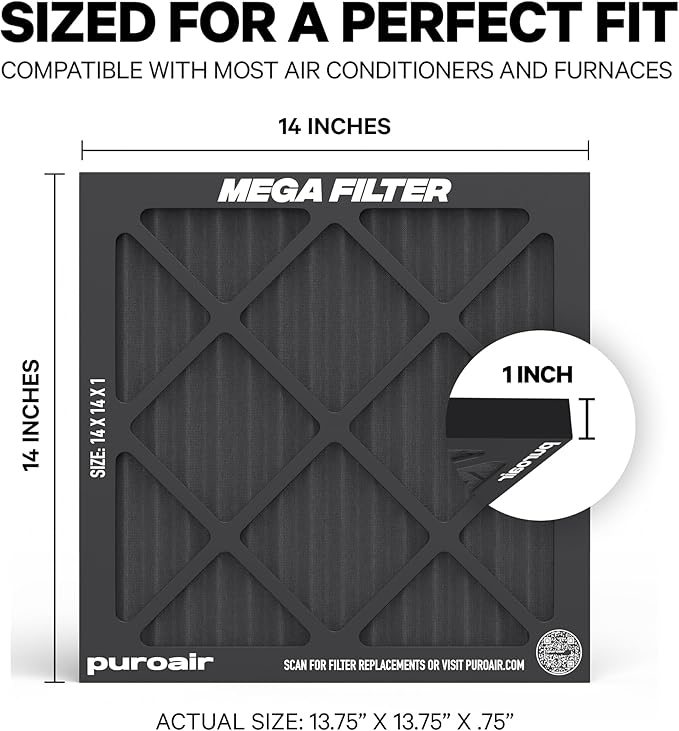 PuroAir MegaFilter - 14x14x1 Air Filter MERV 13 Activated CarbonTech Defense - Heavy Duty 3 Layer Furnace Filters Allergens, Pollen, Dust, Pet Dander, Smoke, Odors - HVAC Air Filter 14x14x1 (2-Pack)