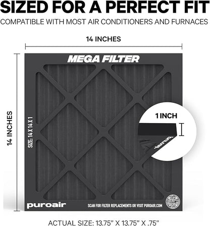 PuroAir MegaFilter - 14x14x1 Air Filter MERV 13 Activated CarbonTech Defense - Heavy Duty 3 Layer Furnace Filters Allergens, Pollen, Dust, Pet Dander, Smoke, Odors - HVAC Air Filter 14x14x1 (2-Pack)