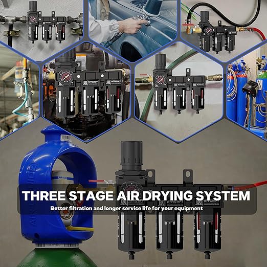 NEWPO 1/2" 3 Stage Air Drying System,Air Dryer for Compressor,Compressed Air Filter Regulator for Spray Guns,Regulator Combo 5＆0.5&0.01 Micron Filter Cartridge,Semi-Auto Drain, Metal Bracket