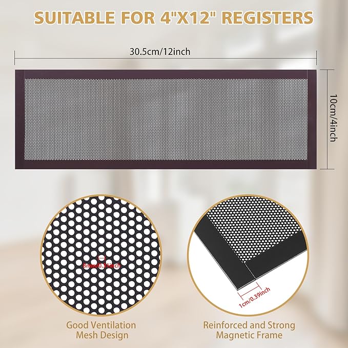 8 Pack Strong Magnetic Floor Vent Cover - PVC Mesh Register for Wall Ceiling Floor Catch Debris Hair Insect (Black, 4 x 12 Inch)