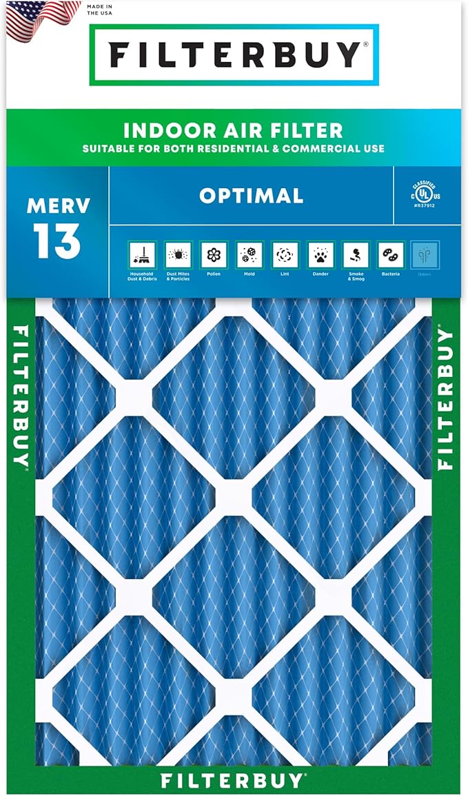 Filterbuy 12x24x2 Air Filter MERV 13 Optimal Smoke & Allergy Defense (1-Pack), Electrostatic Pleated HVAC AC Furnace Filters Replacement, Made in USA (Actual Size: 11.38 x 23.38 x 1.75)