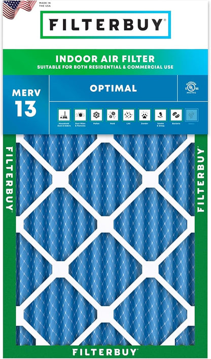 Filterbuy 12x24x2 Air Filter MERV 13 Optimal Smoke & Allergy Defense (1-Pack), Electrostatic Pleated HVAC AC Furnace Filters Replacement, Made in USA (Actual Size: 11.38 x 23.38 x 1.75)