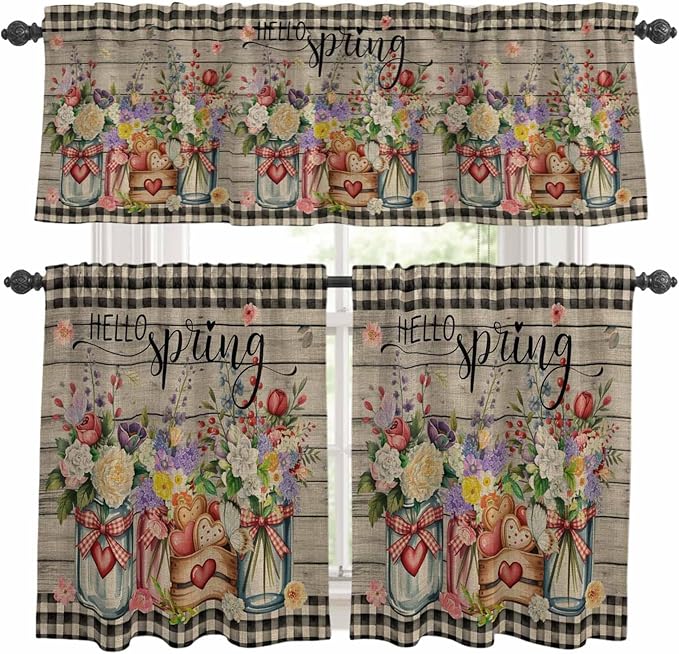 Kitchen Curtains Tiers and Valance Set of 3, Spring Flowers Light Filtering Window Curtain Set, Farmhouse Vintage Black Plaid Wood Grain Rod Pocket Curtain Drapes for Living Room, 36 Inches Tiers