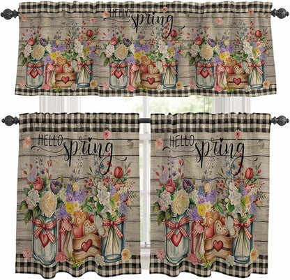 Kitchen Curtains Tiers and Valance Set of 3, Spring Flowers Light Filtering Window Curtain Set, Farmhouse Vintage Black Plaid Wood Grain Rod Pocket Curtain Drapes for Living Room, 36 Inches Tiers