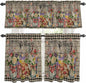 Kitchen Curtains Tiers and Valance Set of 3, Spring Flowers Light Filtering Window Curtain Set, Farmhouse Vintage Black Plaid Wood Grain Rod Pocket Curtain Drapes for Living Room, 24 Inches Tiers