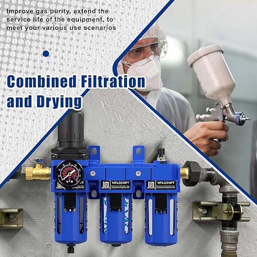 NEWPO 3/8" NPT Air Compressor Water Separator-Air Filter Regulator Lubricator Combo, Water/Oil Trap Separator,Brass Filter & Desiccant Dryers,Semi-Auto Drain,Metal Bracket-Blue