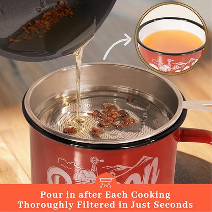 Bacon Grease Container with Strainer - With Food-Grade Silicone Spatula, 46oz Large Enamel Rustic Farmhouse Fat Container, Keeper, Recipes, Dishwasher Safe